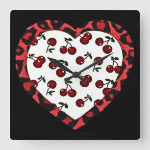RAB Kirschen Leopardendruck Herz Rockabilly Quadratische Wanduhr