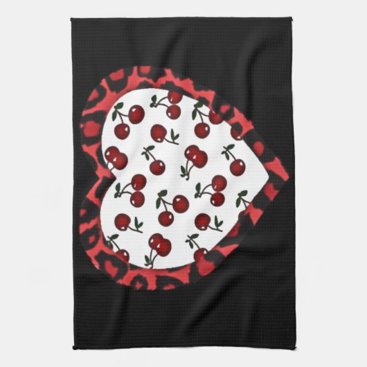 RAB Rockabilly Cherries Leopard Print Heart Geschirrtuch (Vertikal)