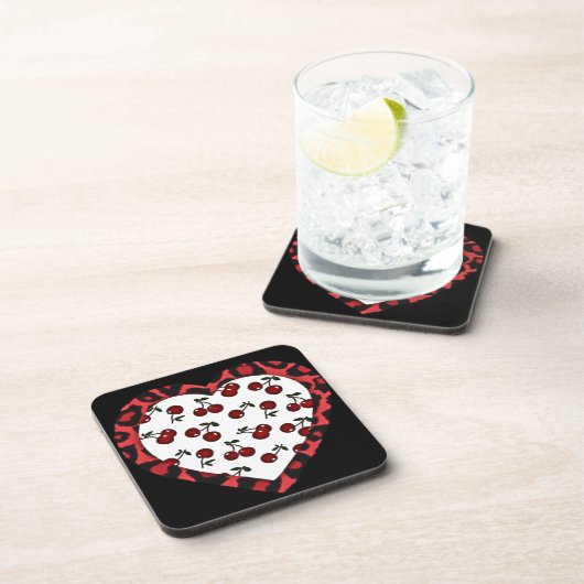 RAB Rockabilly Cherries Leopard Print Heart Getränkeuntersetzer (Rechte Seite)