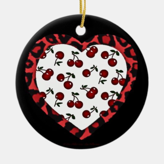 RAB Rockabilly Cherries Leopard Print Heart Keramik Ornament (Vorne)