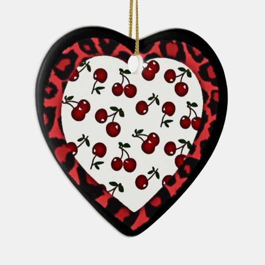 RAB Rockabilly Cherries Leopard Print Heart Keramikornament (Rechts)