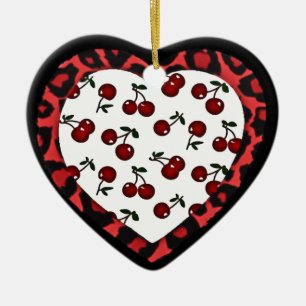RAB Rockabilly Cherries Leopard Print Heart Keramikornament