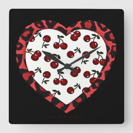 RAB Rockabilly Cherries Leopard Print Heart Quadratische Wanduhr (Vorderseite)
