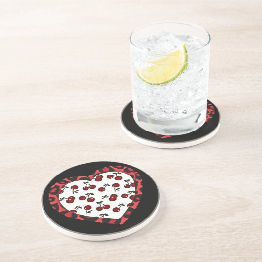 RAB Rockabilly Cherries Leopard Print Heart Sandstein Untersetzer (Seite)