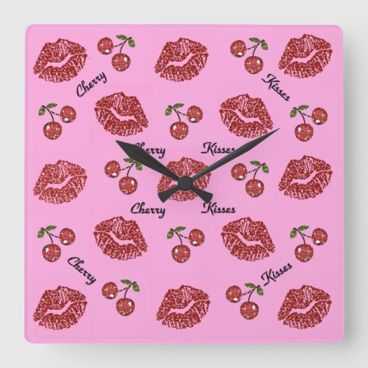 RAB Rockabilly Cherry Kisses on Pink Quadratische Wanduhr (Vorderseite)