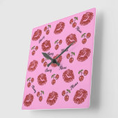 RAB Rockabilly Cherry Kisses on Pink Quadratische Wanduhr (Winkel)