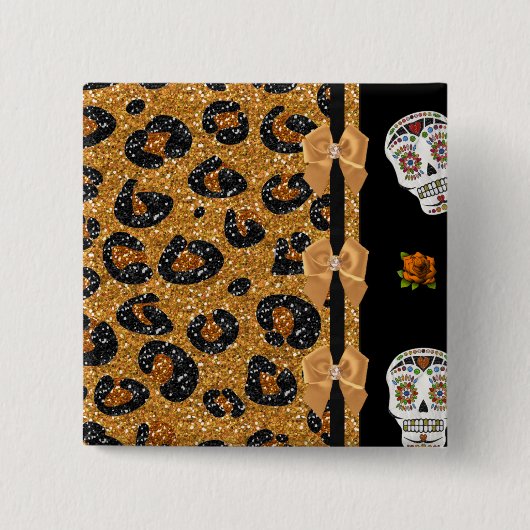 RAB Rockabilly Gold Leopard Print Sugar Skulls Button (Vorderseite)