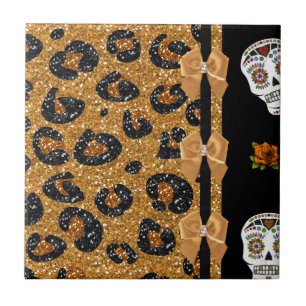 RAB Rockabilly Gold Leopard Print Sugar Skulls Fliese