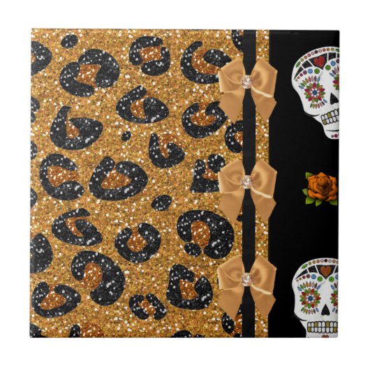 RAB Rockabilly Gold Leopard Print Sugar Skulls Fliese (Vorderseite)