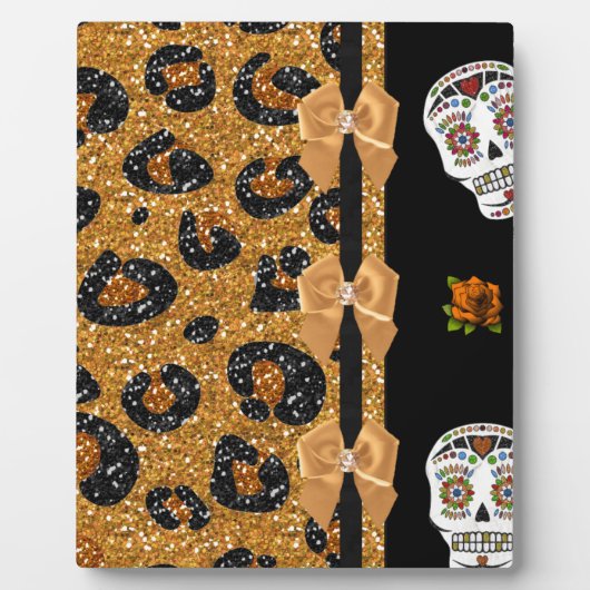 RAB Rockabilly Gold Leopard Print Sugar Skulls Fotoplatte (Vorderseite)