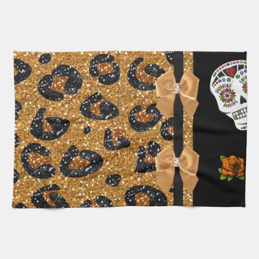 RAB Rockabilly Gold Leopard Print Sugar Skulls Geschirrtuch (Horizontal)