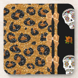 RAB Rockabilly Gold Leopard Print Sugar Skulls Getränkeuntersetzer