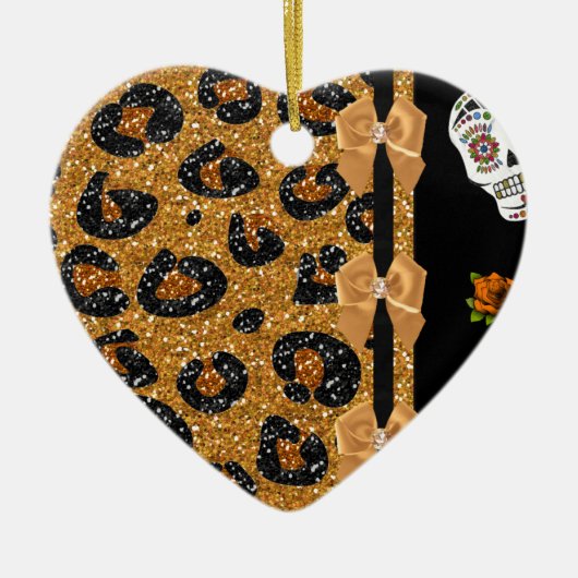 RAB Rockabilly Gold Leopard Print Sugar Skulls Keramik Ornament (Vorne)
