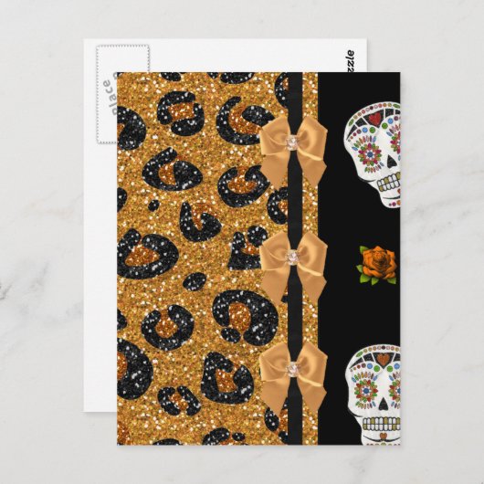 RAB Rockabilly Gold Leopard Print Sugar Skulls Postkarte (Vorne/Hinten)