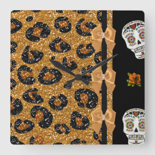 RAB Rockabilly Gold Leopard Print Sugar Skulls Quadratische Wanduhr