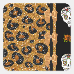 RAB Rockabilly Gold Leopard Print Sugar Skulls Quadratischer Aufkleber