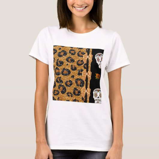 RAB Rockabilly Gold Leopard Print Sugar Skulls T-Shirt (Vorderseite)