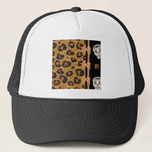 RAB Rockabilly Gold Leopard Print Sugar Skulls Truckerkappe (Vorderseite)