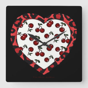 RAB Rockabilly Kirschen Leopardenprint Herz Quadratische Wanduhr