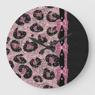 RAB Rockabilly Pink Leopard Print Ribbon Bows Große Wanduhr