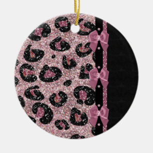 RAB Rockabilly Pink Leopard Print Ribbon Bows Keramik Ornament