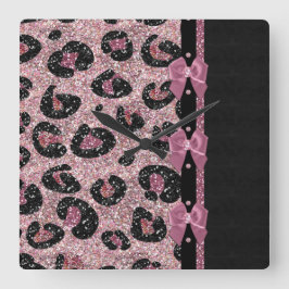 RAB Rockabilly Pink Leopard Print Ribbon Bows Quadratische Wanduhr