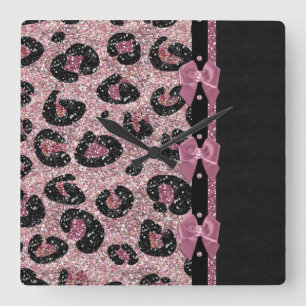 RAB Rockabilly Pink Leopard Print Ribbon Bows Quadratische Wanduhr