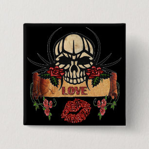 RAB Rockabilly Skull Rose Liebe Lipstick Button