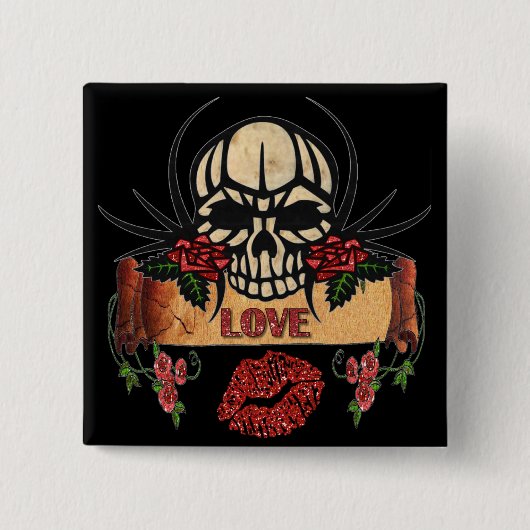RAB Rockabilly Skull Rose Liebe Lipstick Button (Vorderseite)