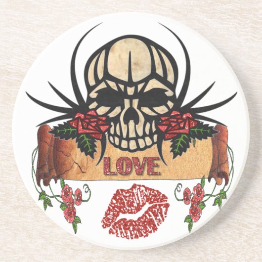 RAB Rockabilly Skull Rose Liebe Lipstick Getränkeuntersetzer (Vorne)