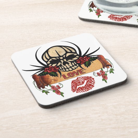 RAB Rockabilly Skull Rose Liebe Lipstick Untersetzer (Linke Seite)