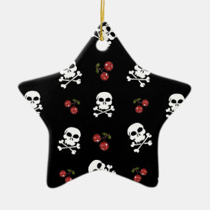 RAB Rockabilly Skulls and Cherries on Black Keramik Ornament