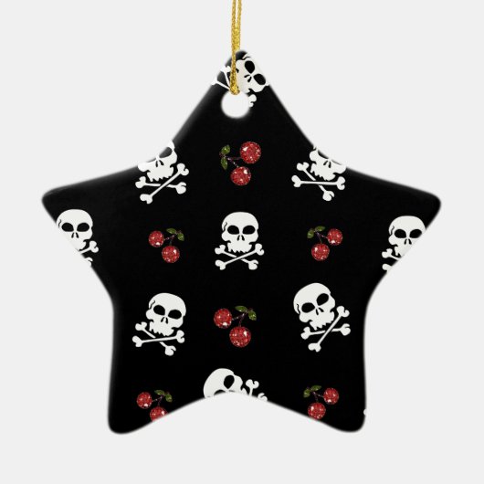 RAB Rockabilly Skulls and Cherries on Black Keramik Ornament (Vorne)