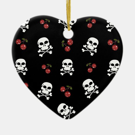 RAB Rockabilly Skulls and Cherries on Black Keramik Ornament (Vorne)