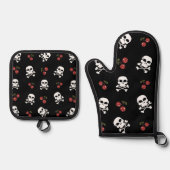 RAB Rockabilly Skulls and Cherries on Black Ofenhandschuh & Topflappen-Set (Vorderseite)