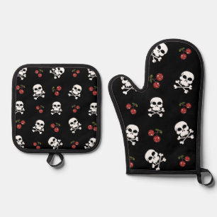 RAB Rockabilly Skulls and Cherries on Black Ofenhandschuh & Topflappen-Set