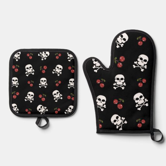 RAB Rockabilly Skulls and Cherries on Black Ofenhandschuh & Topflappen-Set (Vorderseite)