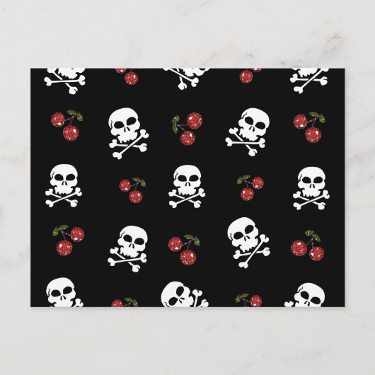 RAB Rockabilly Skulls and Cherries on Black Postkarte (Vorderseite)