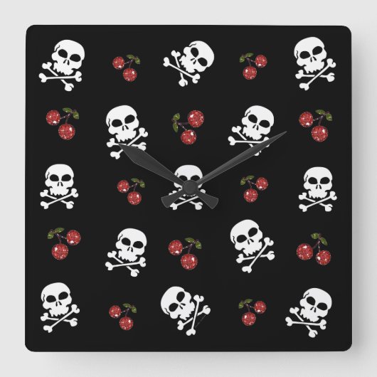 RAB Rockabilly Skulls and Cherries on Black Quadratische Wanduhr (Vorderseite)