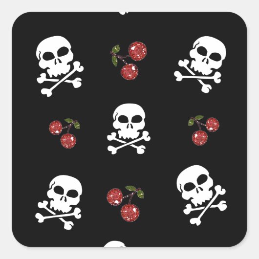 RAB Rockabilly Skulls and Cherries on Black Quadratischer Aufkleber (Vorderseite)