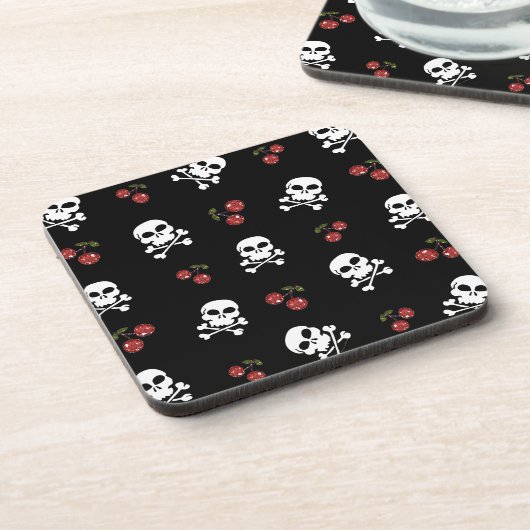 RAB Rockabilly Skulls and Cherries on Black Untersetzer (Linke Seite)