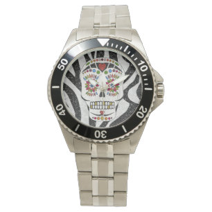RAB Rockabilly Sugar Skull auf Zebra Print Armbanduhr