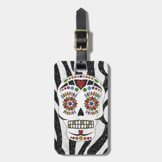 RAB Rockabilly Sugar Skull auf Zebra Print Gepäckanhänger (Vorderseite vertikal)