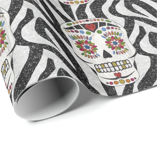 RAB Rockabilly Sugar Skull auf Zebra Print Geschenkpapier (Rolleneckpunkt)