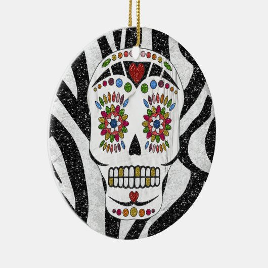 RAB Rockabilly Sugar Skull auf Zebra Print Keramik Ornament (Rechts)