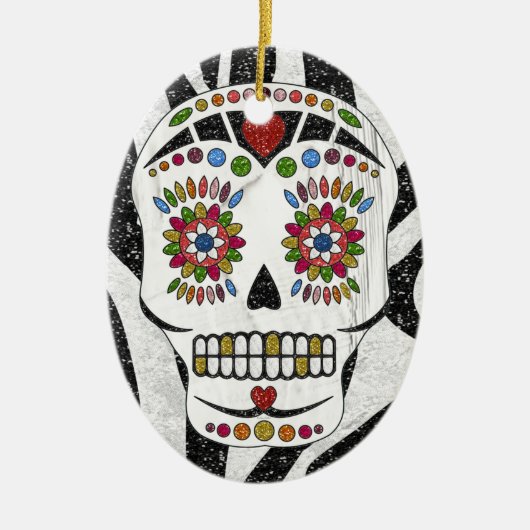 RAB Rockabilly Sugar Skull auf Zebra Print Keramik Ornament (Vorne)