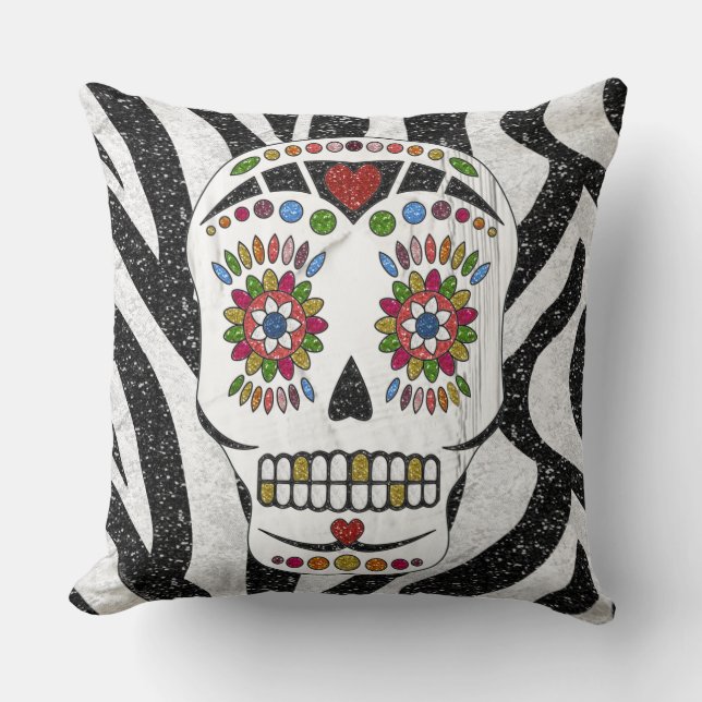 RAB Rockabilly Sugar Skull auf Zebra Print Kissen (Vorderseite)