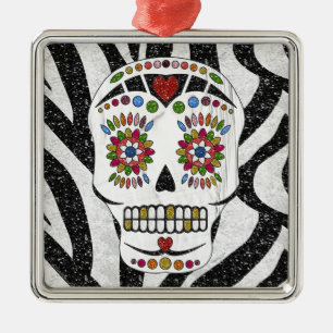 RAB Rockabilly Sugar Skull auf Zebra Print Silbernes Ornament