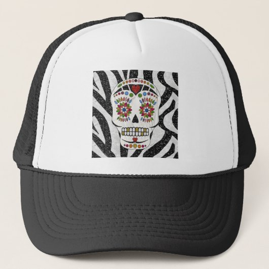 RAB Rockabilly Sugar Skull auf Zebra Print Truckerkappe (Vorderseite)