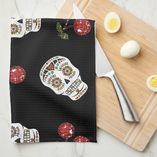 RAB Rockabilly Sugar Skulls Kirschen Kirschen auf Geschirrtuch (Viertel Falte)